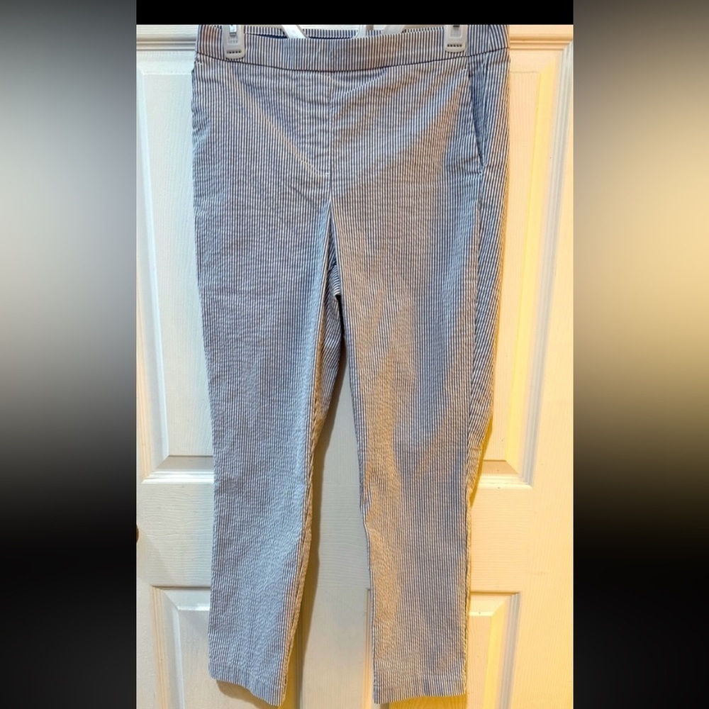 Carolina Belle Blue and White Striped Pull on Pant coastal classic seersucker